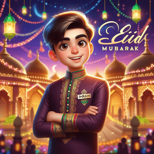 a boy wishing eid mubarak wear kurta eid festival decorated background