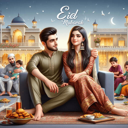 A couple is sitting closer, the boy is wearing kurta pajama and the girl is wearing salwar kameez, behind are some children and uncle. It is the occasion of the festival of Eid.