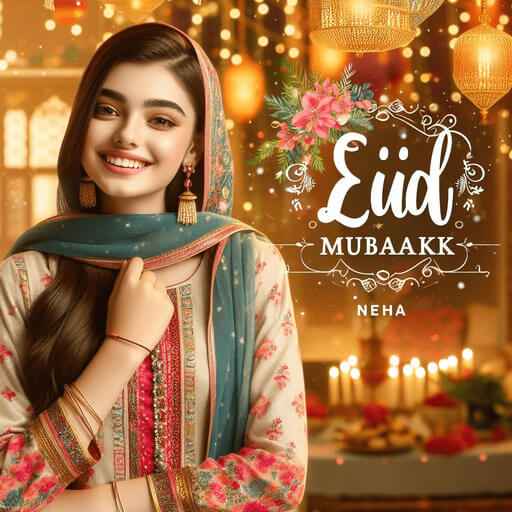 a young women wishing eid mubarak wear salwar kameez and dupatta, smile, eid festival decorated background lighiting