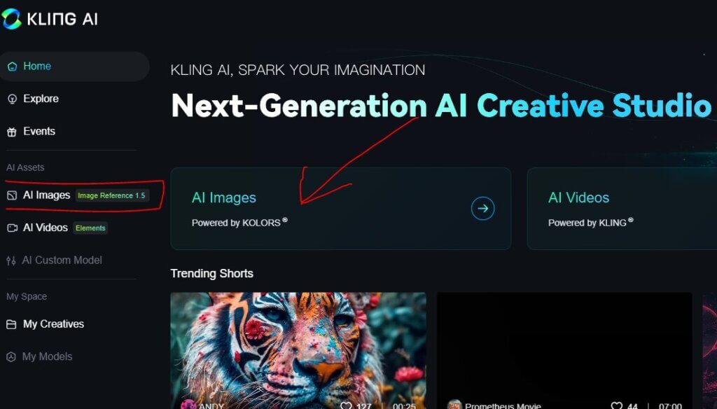 Ai images option under klingai website