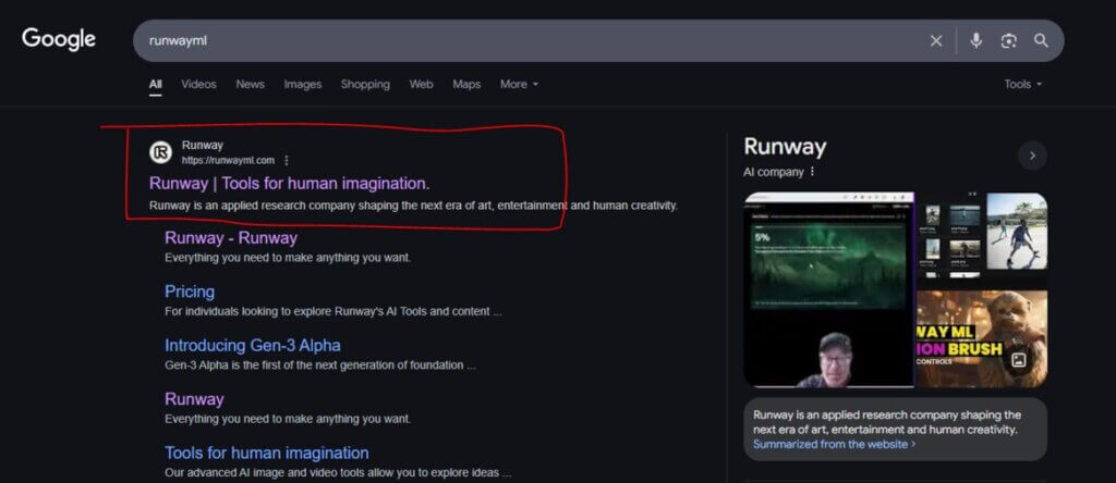 Search Runwayml website on google