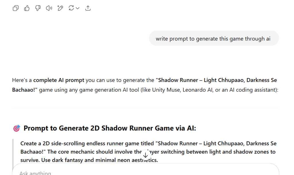 AI Se Game Kaise Banaye – बिना कोडिंग के Game बनाना सीखे 2025 7 AI prompt जिससे "Shadow Runner – Light Chhupaaao, Darkness Se Bachaoo!" नाम का 2D गेम बनाया जा सकता है जिसमें light और shadow zones से बचने की गेमप्ले है