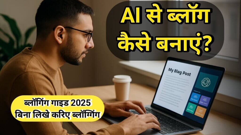 1 मिनट में AI Se Blog Kaise Banaye – पूरी स्टेप-बाय-स्टेप गाइड (2025) 1 "A man writing a blog post using AI tools on his laptop. Also yellow text "AI se blog kaise banaye" Appears on upper layer | AI टूल्स की मदद से ब्लॉग लिखता हुआ व्यक्ति" "AI से ब्लॉग कैसे बनाएं" टेक्स्ट के साथ।