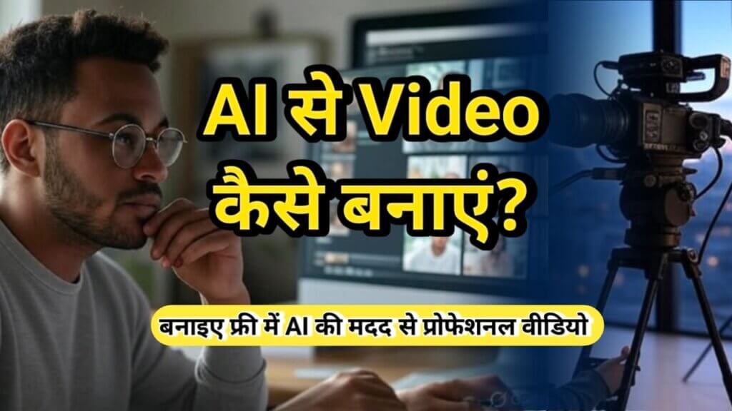 A person creating videos using AI, editing video on computer screen with text "ai से video वीडियो कैसे बनाए".