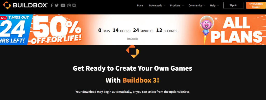 AI Se Game Kaise Banaye – बिना कोडिंग के Game बनाना सीखे 2025 5 Buildbox का प्रमोशनल पेज जिसमें 50% लाइफटाइम डिस्काउंट ऑफर और Buildbox 3 से अपना गेम बनाने का सुझाव दिया गया है