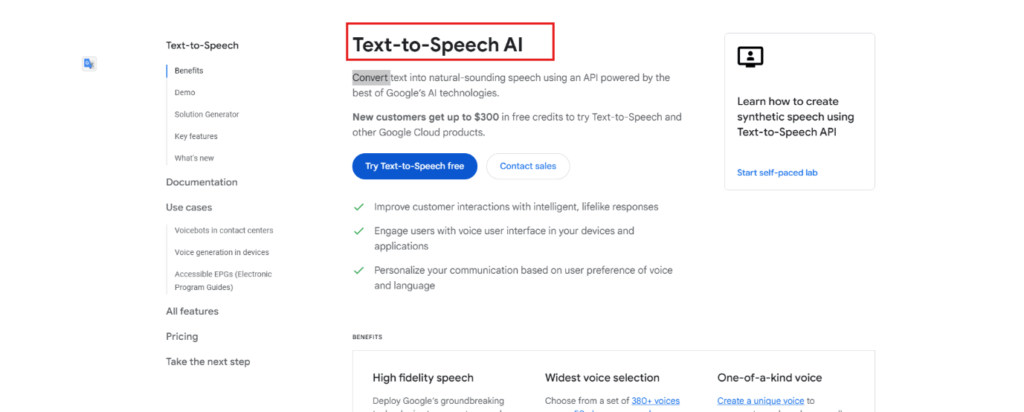 AI Se Audio Kaise Banaye - AI से Free Voice बनाना सीखें 2 मिनट में 17 Google Cloud Text-to-Speech Page with Free Trial Button and Feature Menu