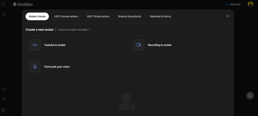 Avatar cloning options in InVideo including YouTube to avatar, recording, and AI voice cloning