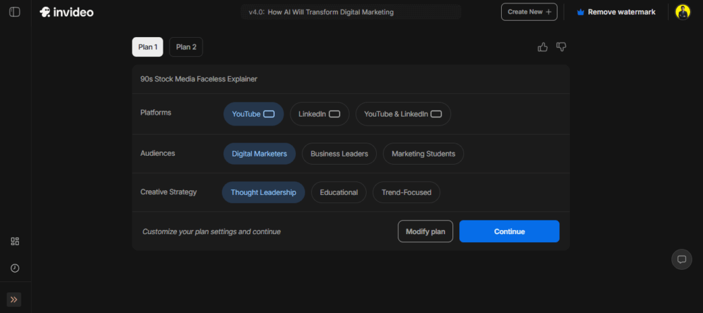 Digital marketing video plan setup in InVideo with platform, audience, and creative strategy selection