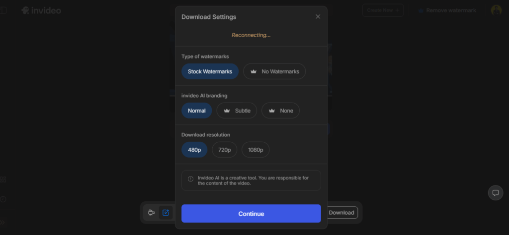 InVideo download settings with watermark, AI branding, and video resolution selection for export