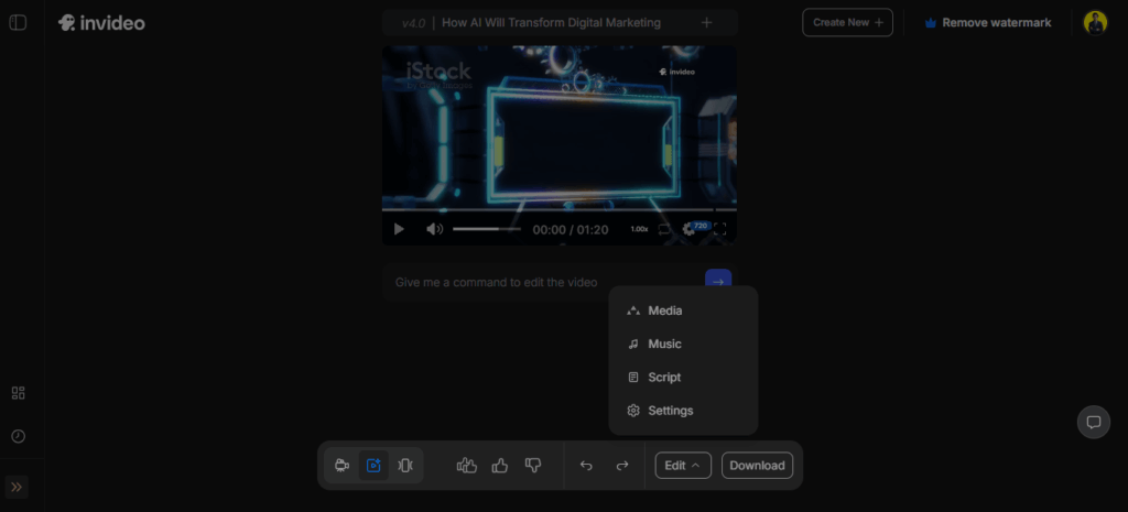 InVideo video editing interface showing media, music, script, and settings customization options