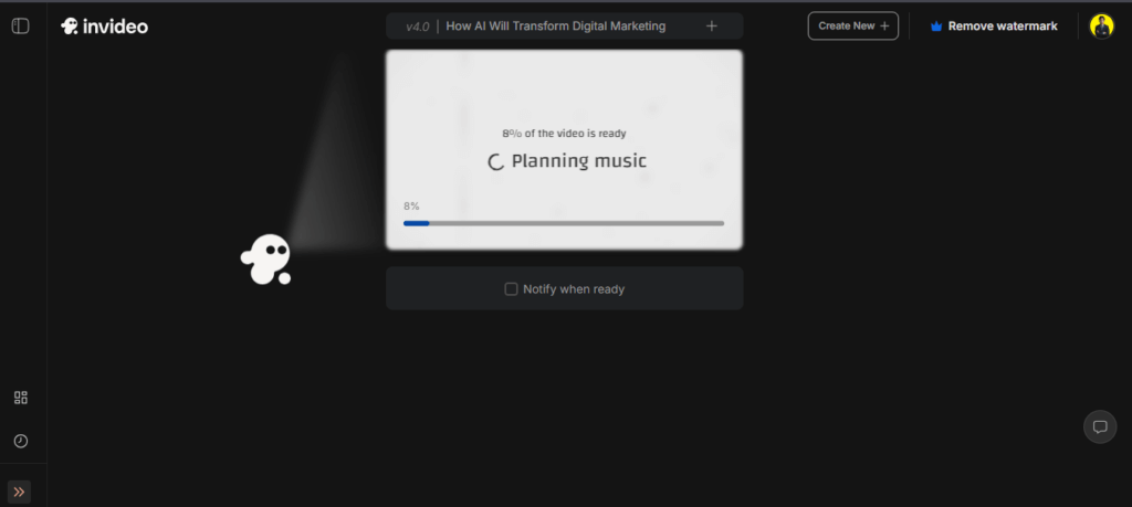 InVideo video generation progress at 8 percent, planning background music for digital marketing video