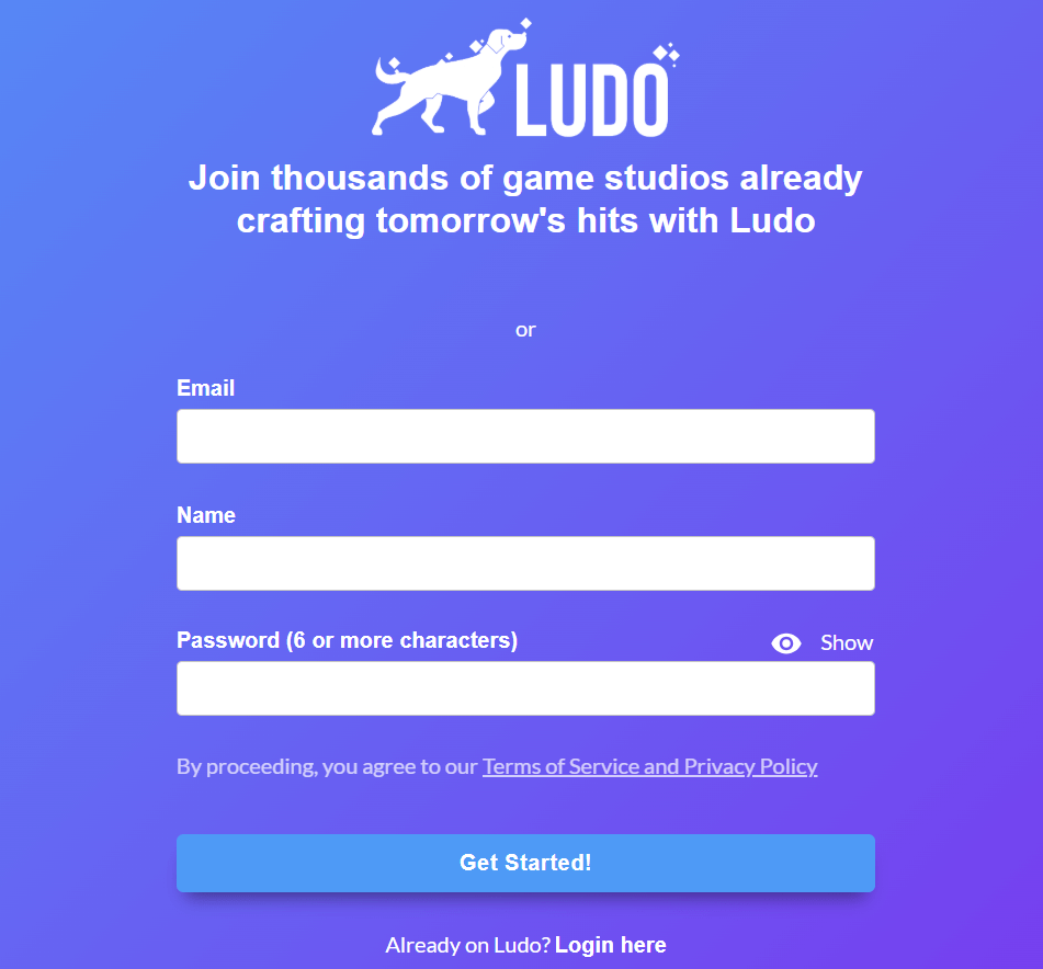 AI Se Game Kaise Banaye – बिना कोडिंग के Game बनाना सीखे 2025 4 Ludo AI साइनअप पेज, जहां गेम डेवलपर्स और स्टूडियोज़ AI टूल्स से अगली बड़ी गेम्स बनाने के लिए जुड़ सकते हैं