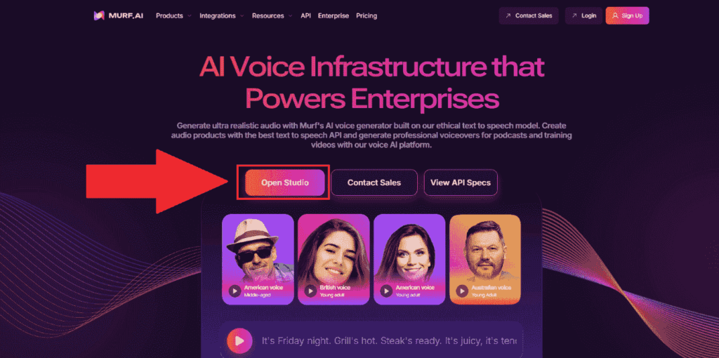 AI Se Audio Kaise Banaye - AI से Free Voice बनाना सीखें 2 मिनट में 8 Murf AI की वेबसाइट पर 'Open Studio' बटन को लाल तीर से हाइलाइट किया गया है, जिससे यूज़र टेक्स्ट को AI वॉइस में कन्वर्ट करने के लिए स्टूडियो इंटरफेस खोल सकते हैं।