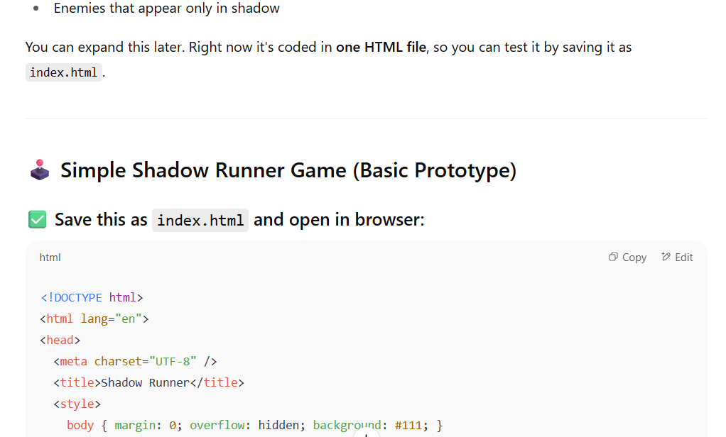 AI Se Game Kaise Banaye – बिना कोडिंग के Game बनाना सीखे 2025 8 Shadow Runner गेम का बेसिक HTML कोड, जिसे index.html के रूप में सेव करके ब्राउज़र में चलाया जा सकता है