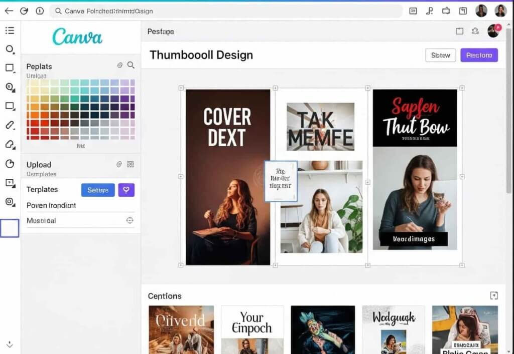 2025 में AI Se Paise Kaise Kamaye? जानिए 6+ नए और क्रिएटिव तरीके 3 Canva में YouTube और Instagram के लिए थंबनेल डिज़ाइन करते समय दिखाया गया यूजर इंटरफेस और टेम्पलेट्स